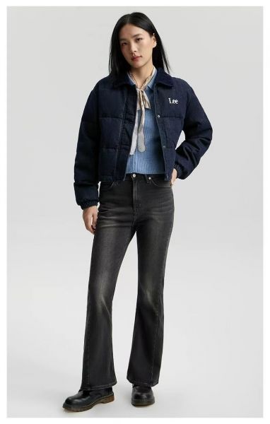 Lee25秋冬新舒适版灯芯绒翻领拼接清水洗女短款牛仔羽绒服